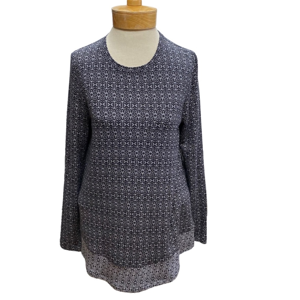 J Jill Black Gray Print Round Neck Top Size XS Long Sleeve Side Slits Stretch